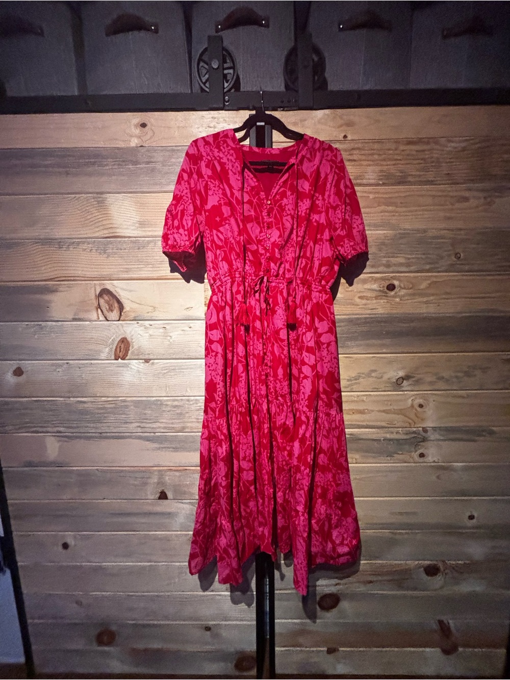 Saks Fifth Avenue Pink-Red Floral Midi Dress with Drawstring Waist large
